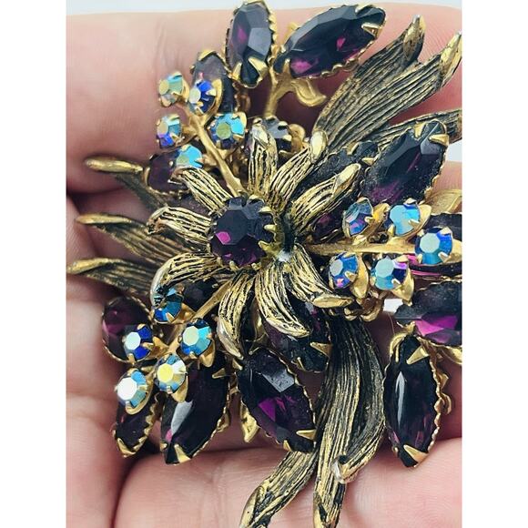 Vintage Unsigned Selro Selini Purple Rhinestone Brooch AB Flower Spray Lapel Pin - Picture 10 of 14